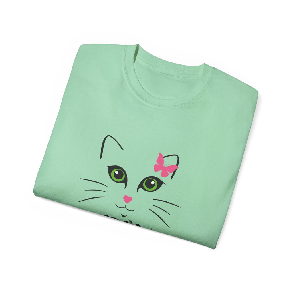 Meow Cat Face T-Shirt — Cute Kitty Graphic Tee with Pink Bow