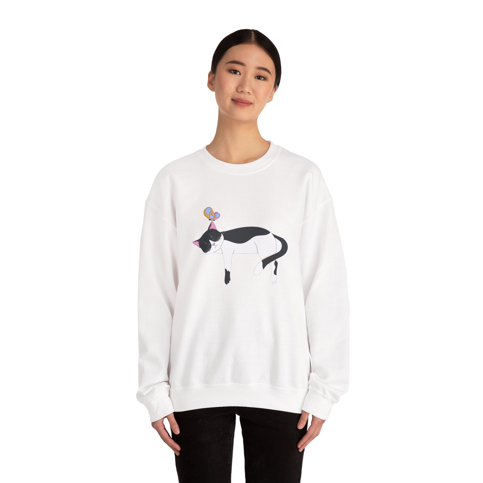 Cat Nap Crewneck Sweatshirt — Sleeping Black & White Cat with Balloons