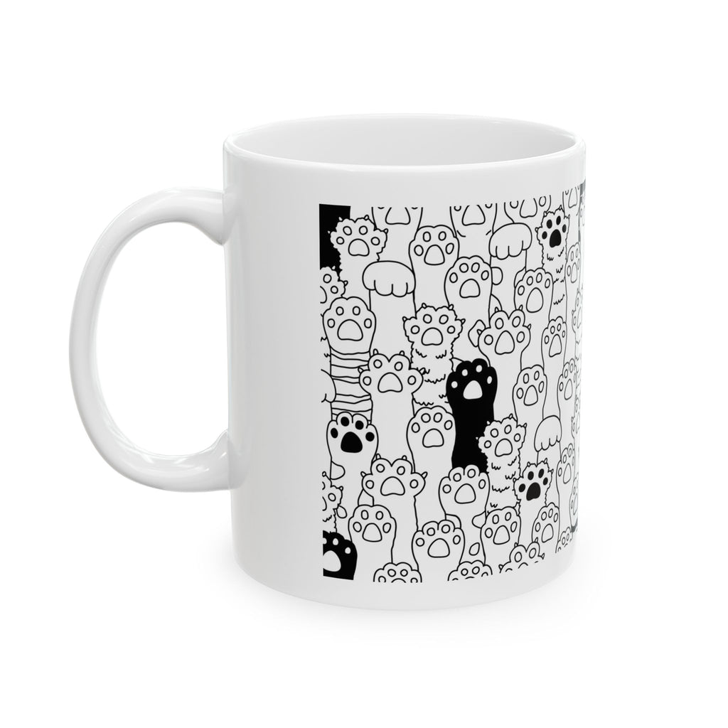 Cat Paw Pattern Ceramic Mug — Cute Black & White Kitty Paws Coffee Cup (11oz, 15oz)