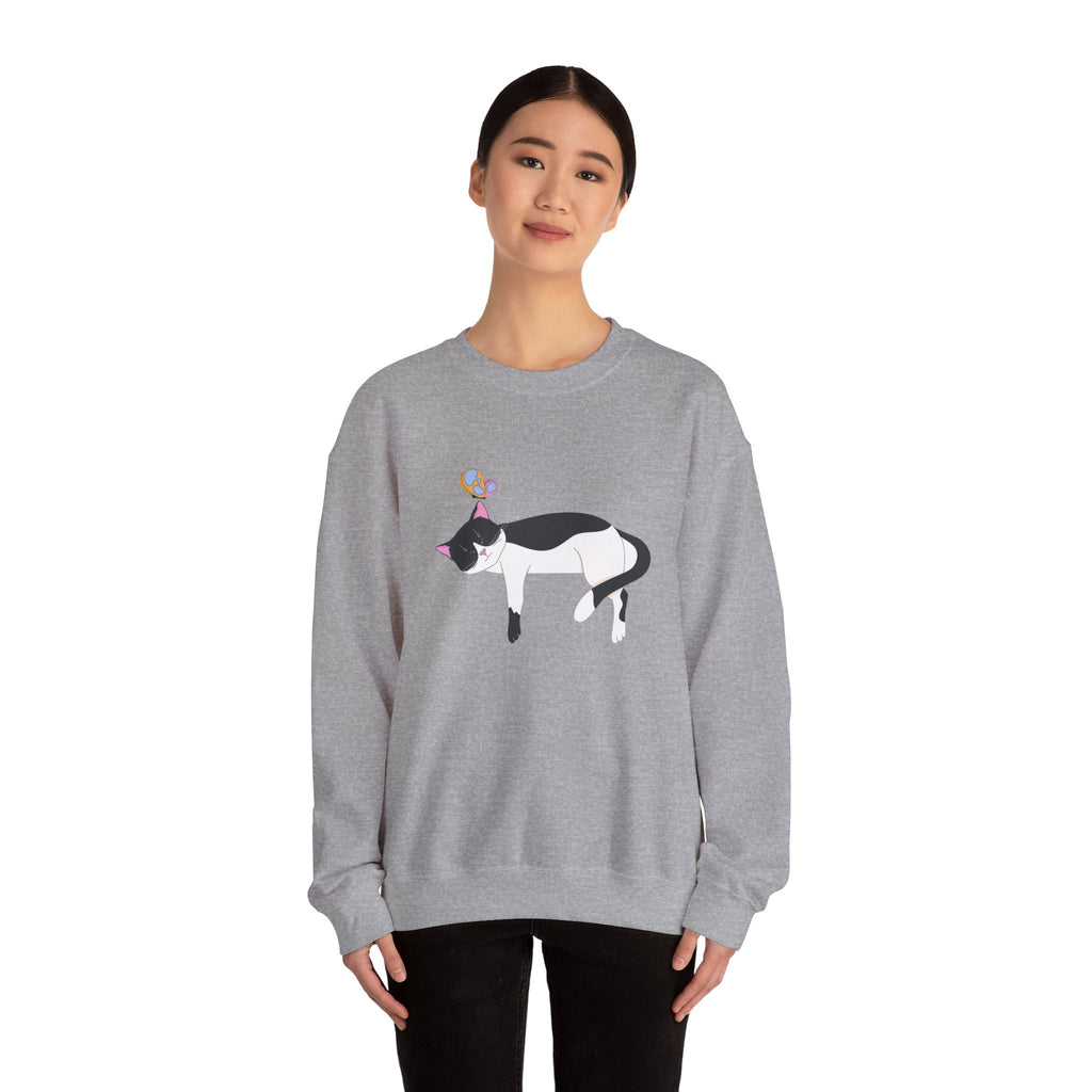 Cat Nap Crewneck Sweatshirt — Sleeping Black & White Cat with Balloons