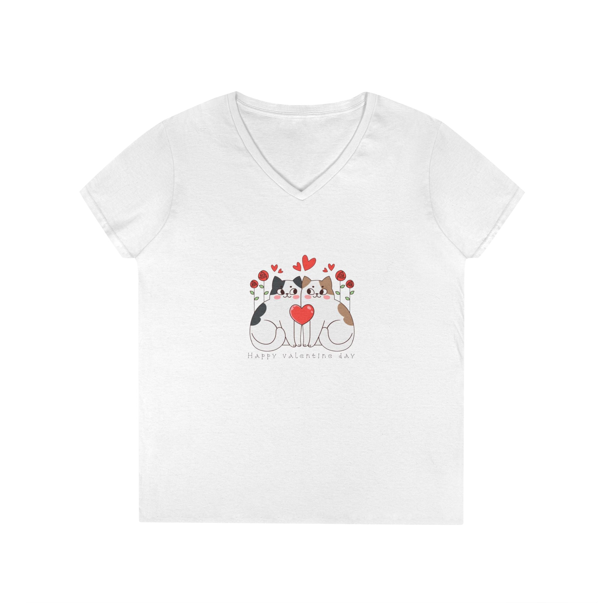 Cat Lover V-Neck T-Shirt – Two Cats & Heart Illustration, Cute Pet Mom Tee