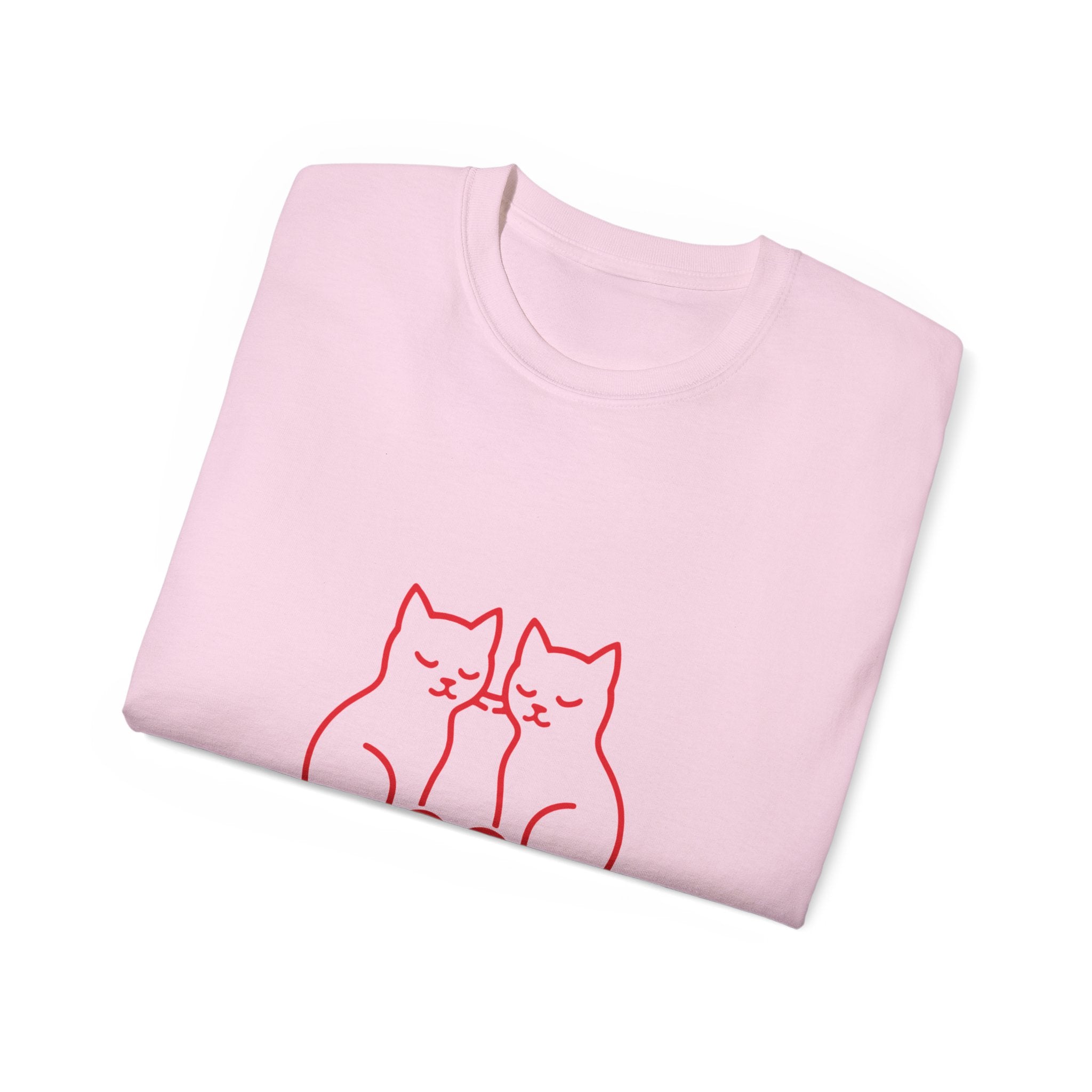 Cat Love T-Shirt — Red Line Art Twin Cats with Heart Graphic