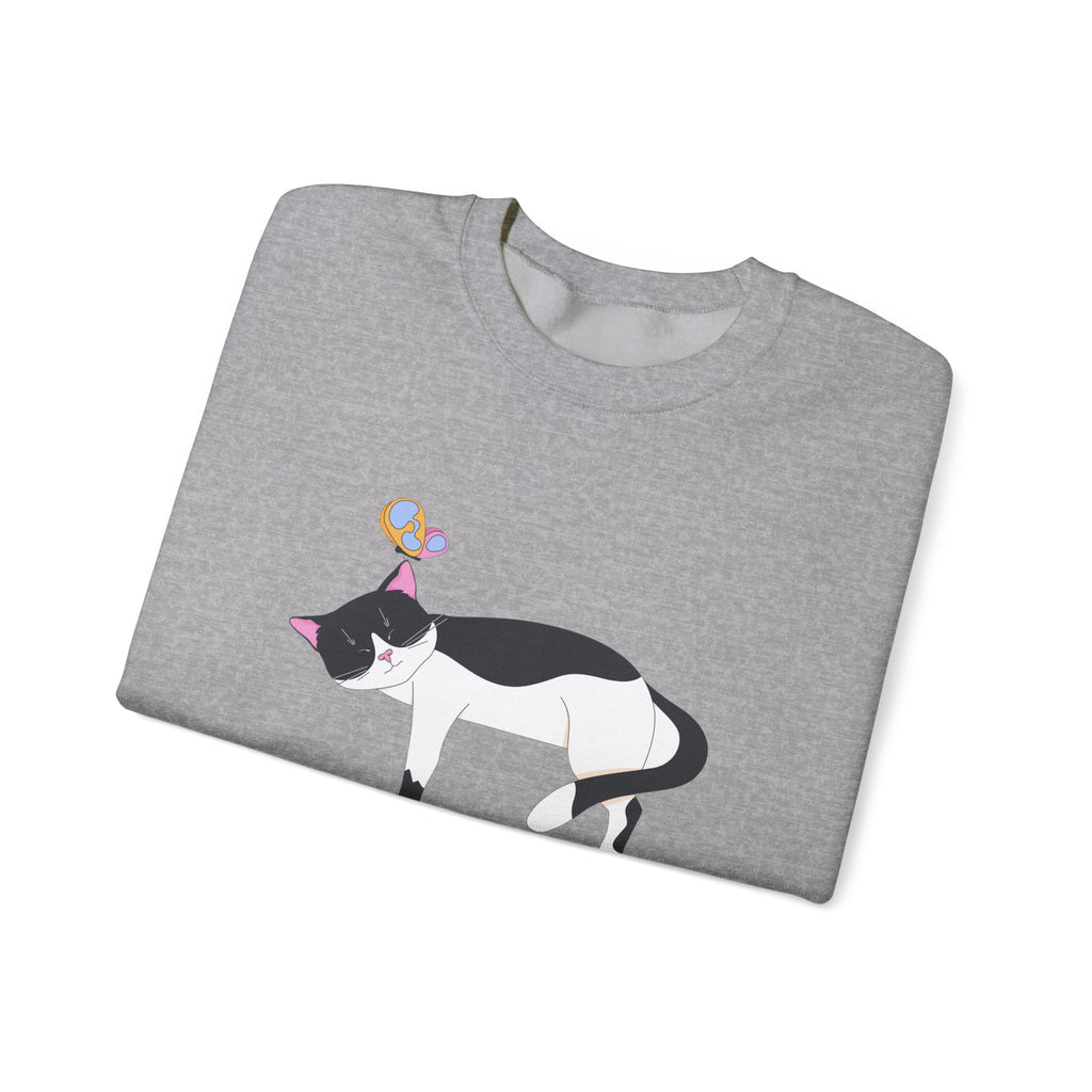 Cat Nap Crewneck Sweatshirt — Sleeping Black & White Cat with Balloons