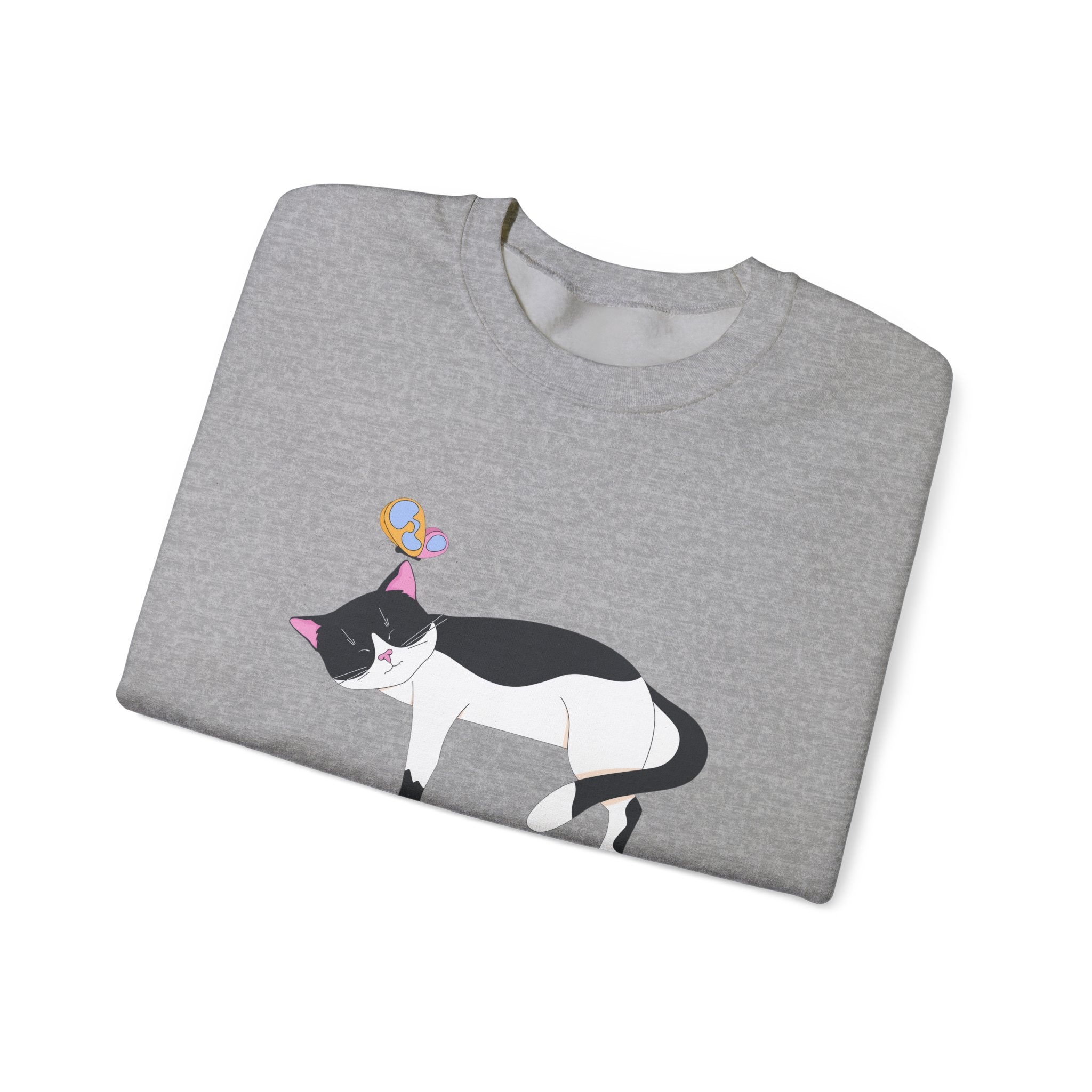 Cat Nap Crewneck Sweatshirt — Sleeping Black & White Cat with Balloons
