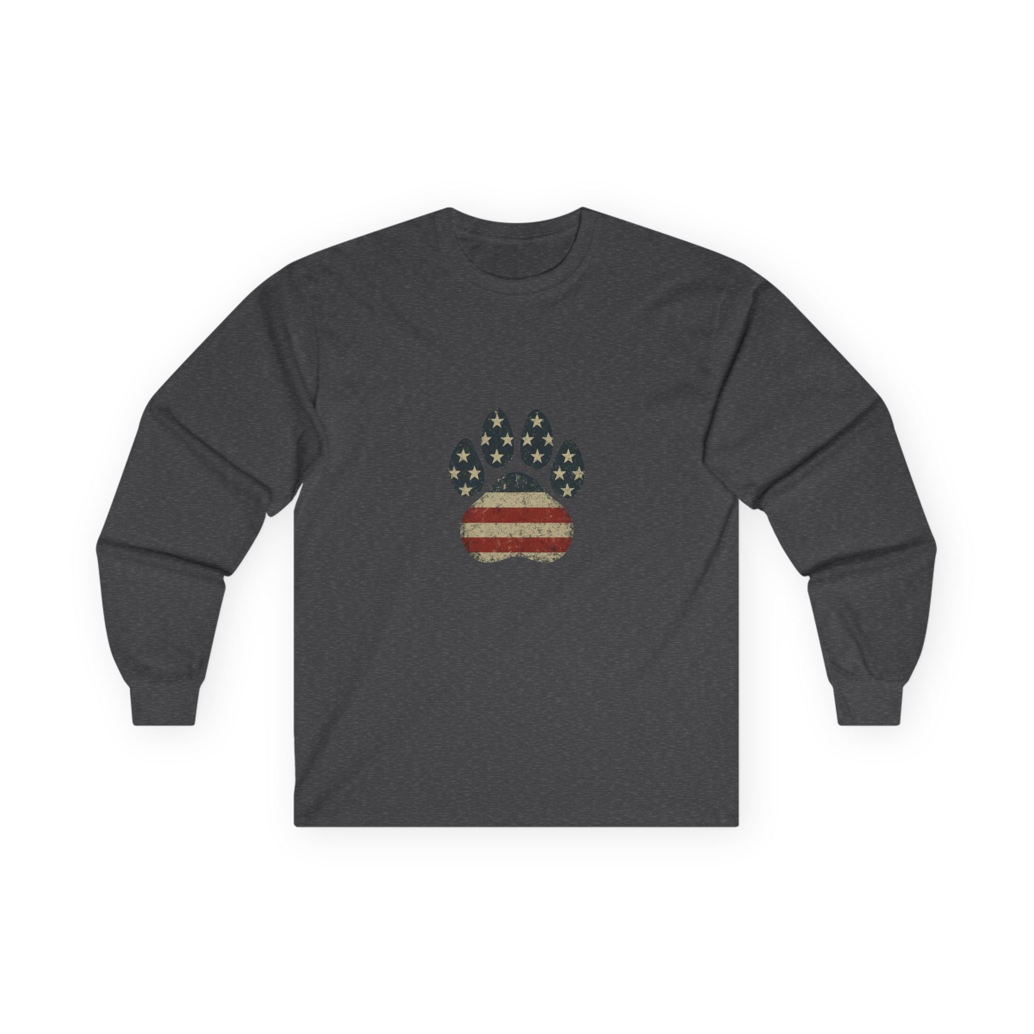 American Flag Paw Print Long Sleeve Tee — Patriotic Dog Lover Shirt