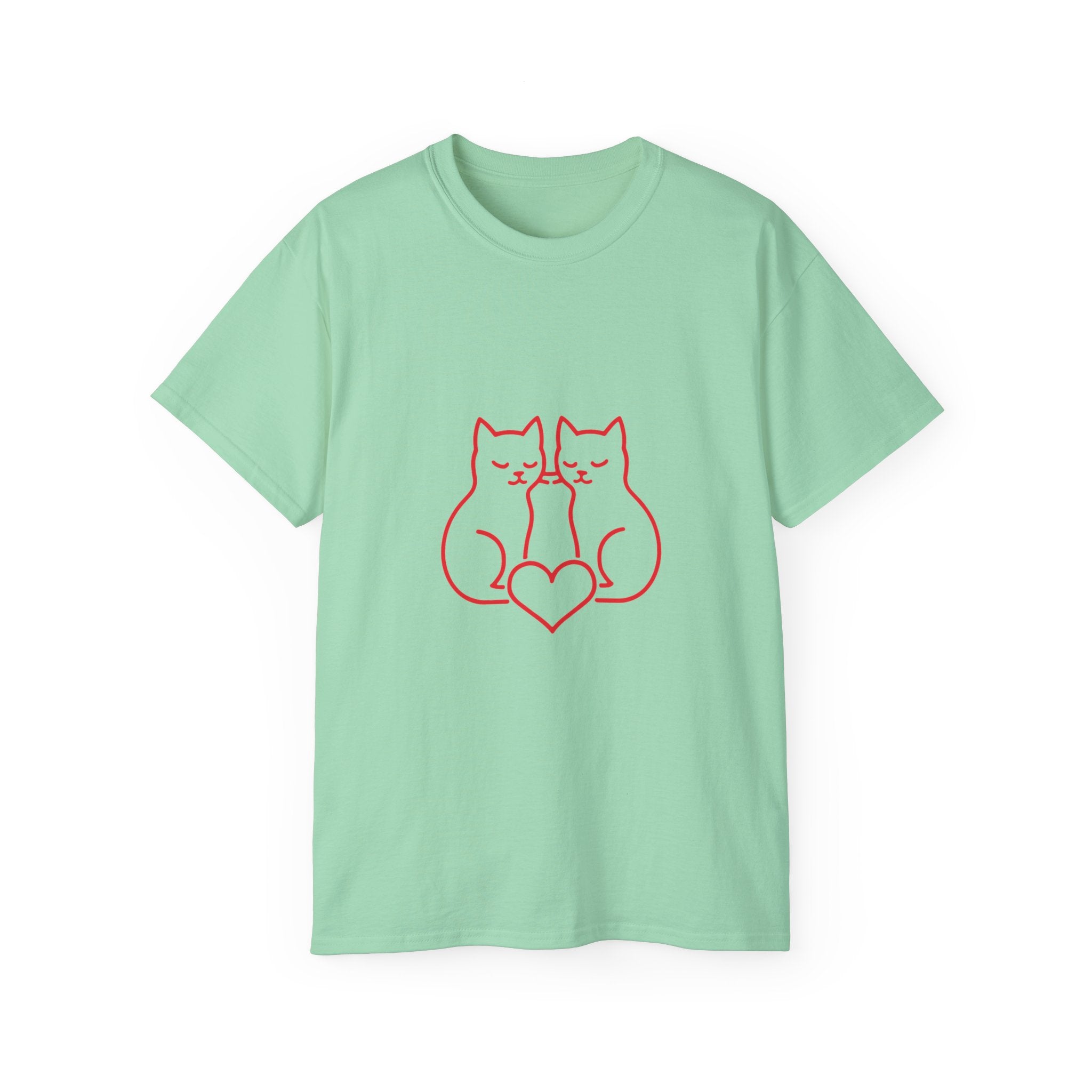 Cat Love T-Shirt — Red Line Art Twin Cats with Heart Graphic