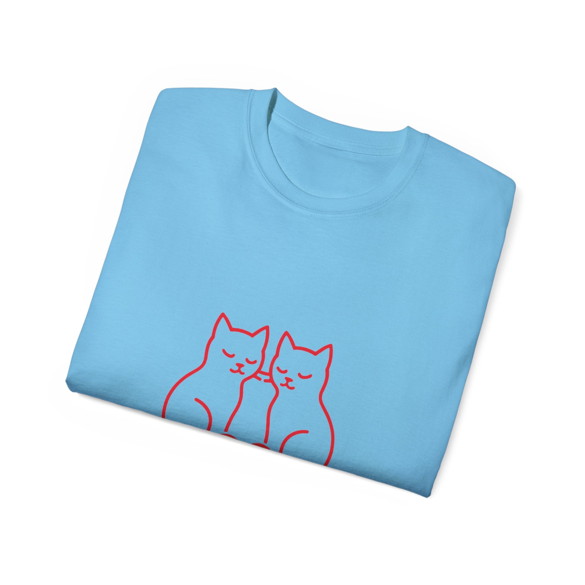 Cat Love T-Shirt — Red Line Art Twin Cats with Heart Graphic