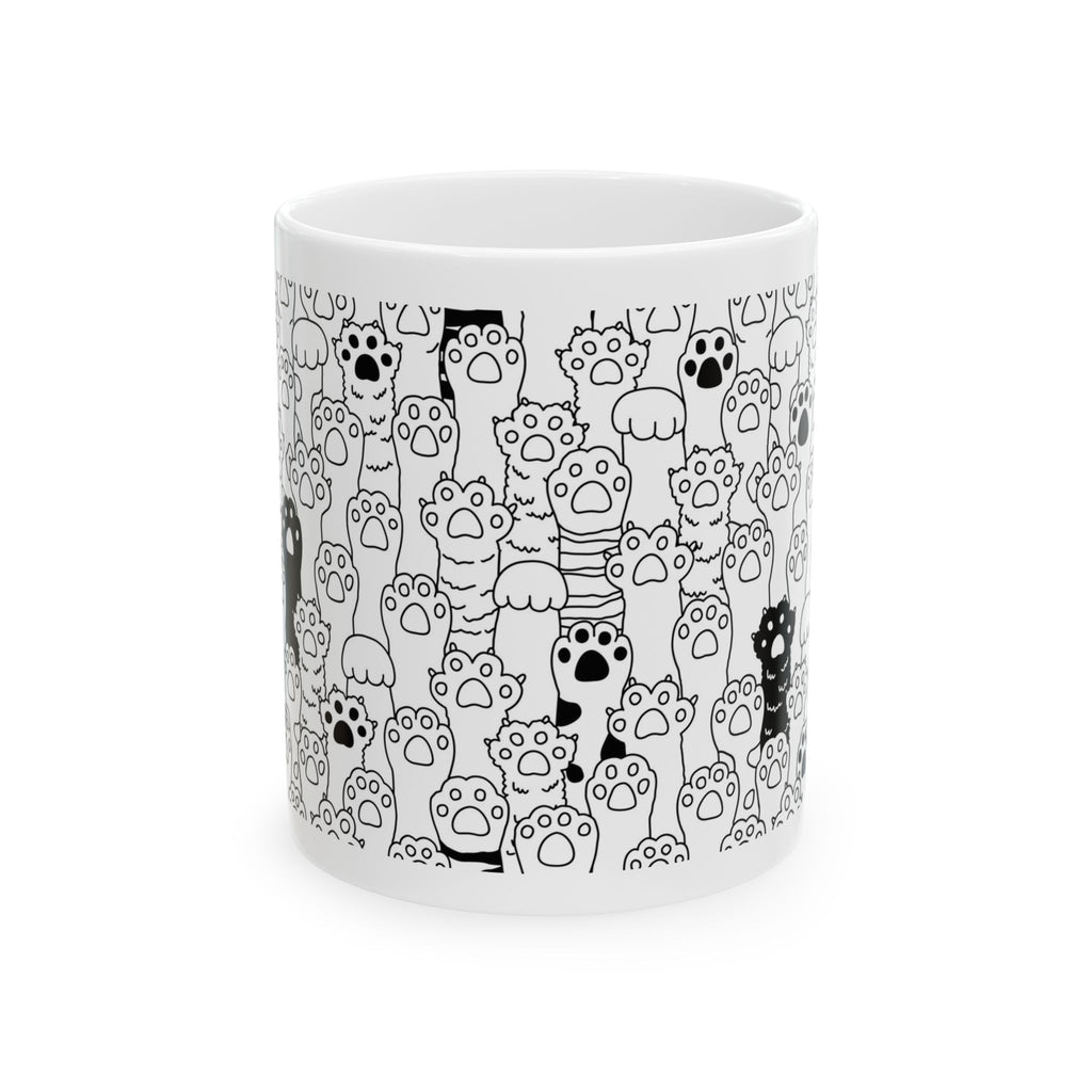 Cat Paw Pattern Ceramic Mug — Cute Black & White Kitty Paws Coffee Cup (11oz, 15oz)