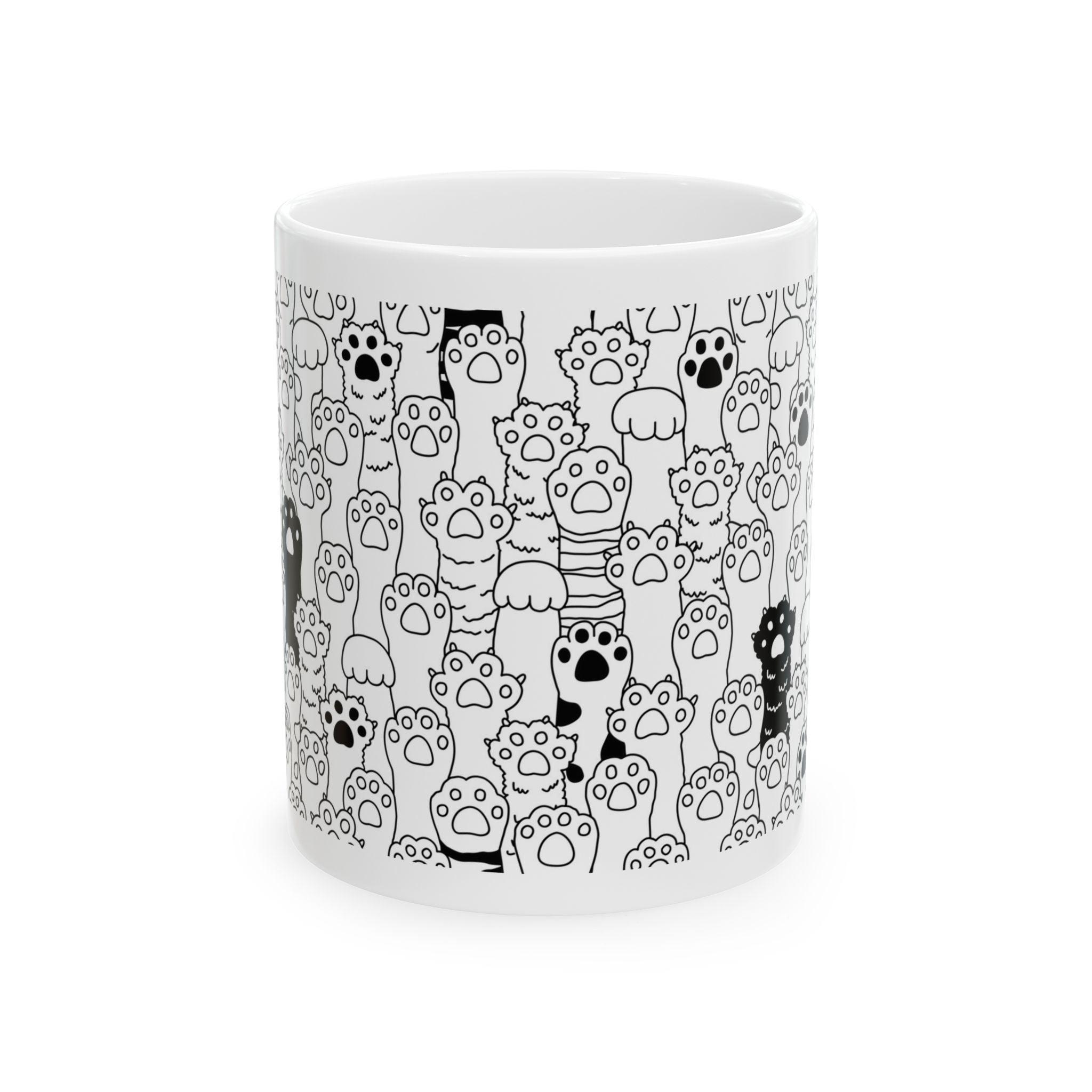Cat Paw Pattern Ceramic Mug — Cute Black & White Kitty Paws Coffee Cup (11oz, 15oz)