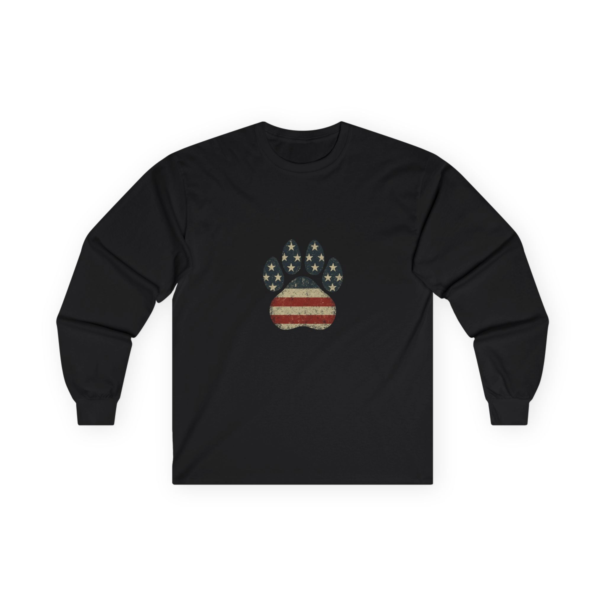 American Flag Paw Print Long Sleeve Tee — Patriotic Dog Lover Shirt
