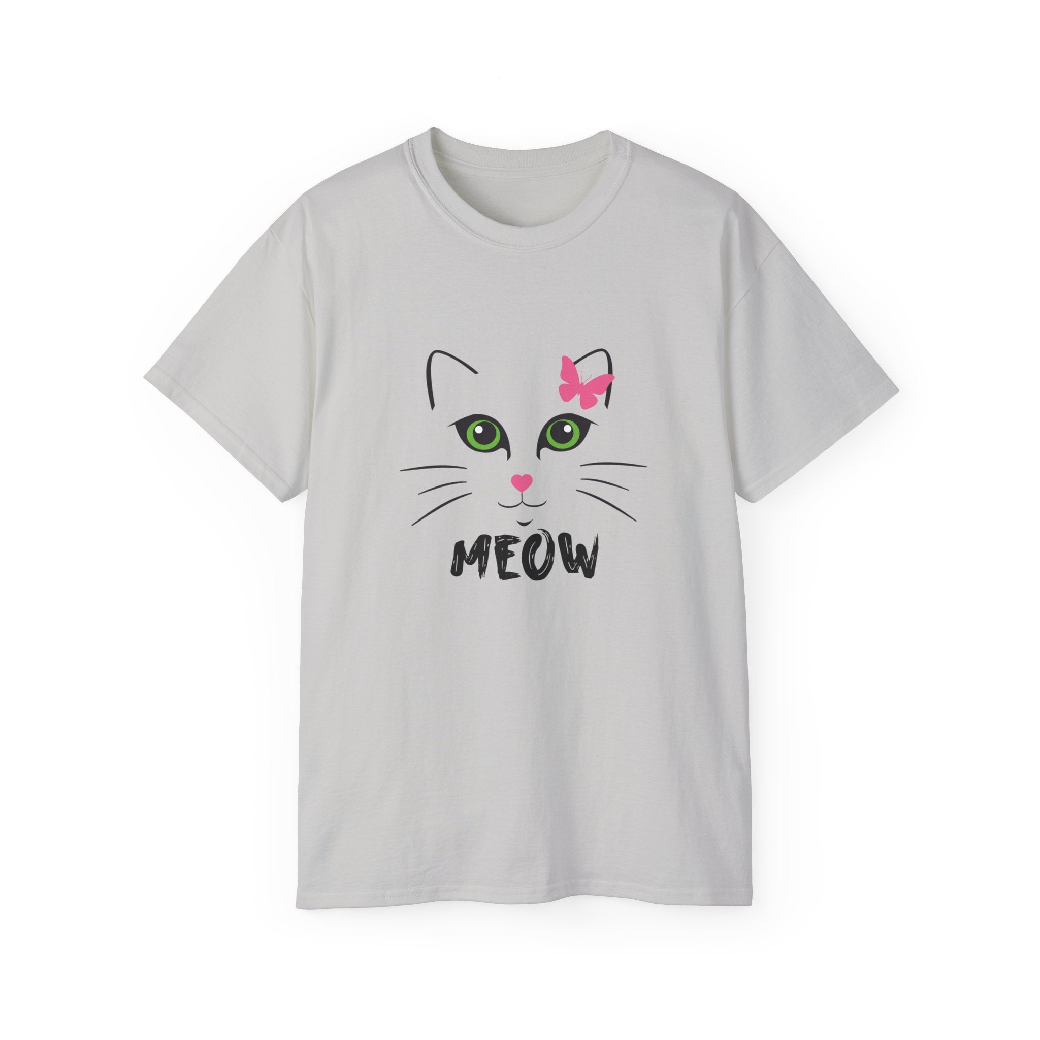 Meow Cat Face T-Shirt — Cute Kitty Graphic Tee with Pink Bow